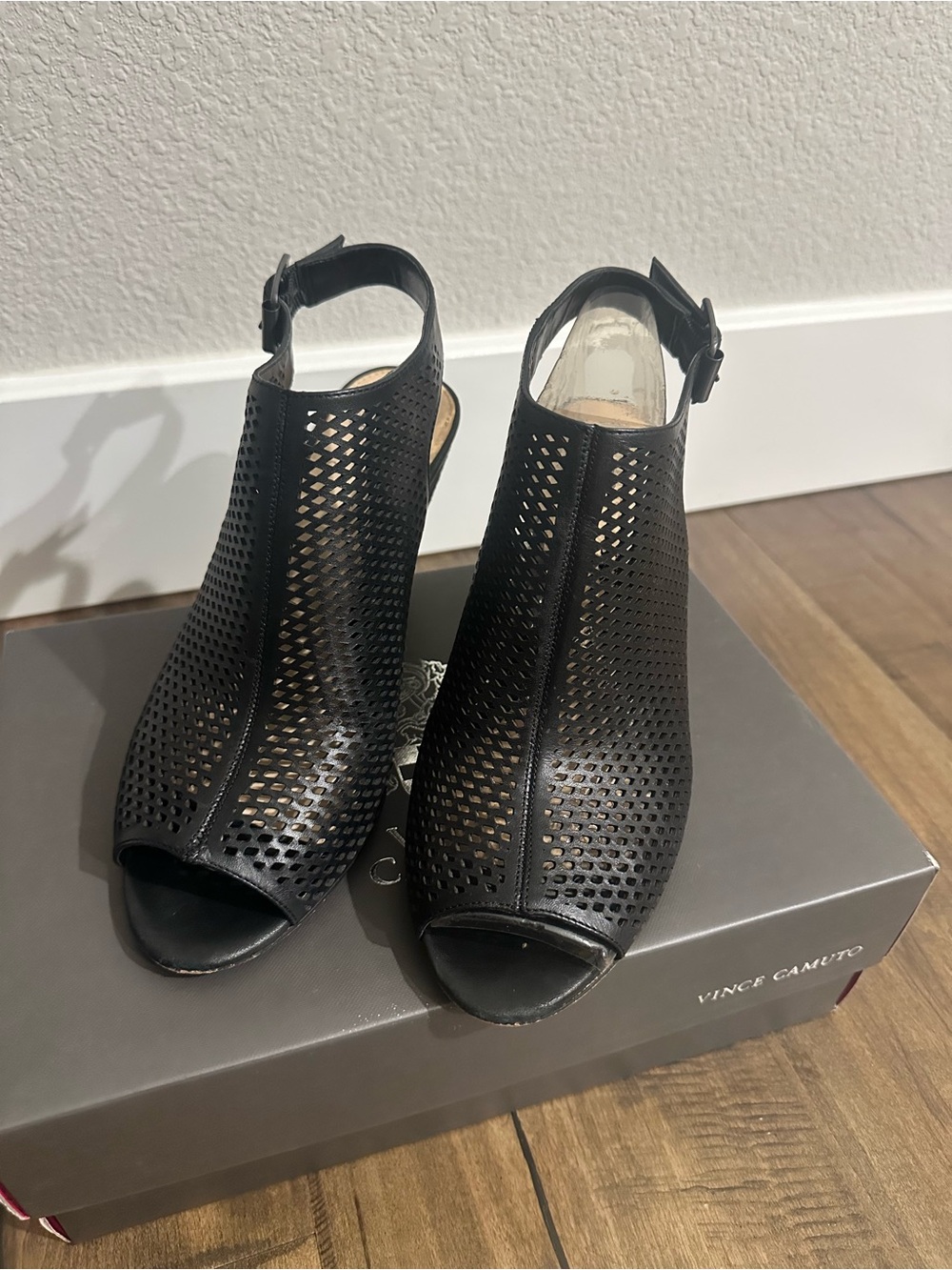 Vince Camuto Black Perforated Peep-Toe Slingback Heels